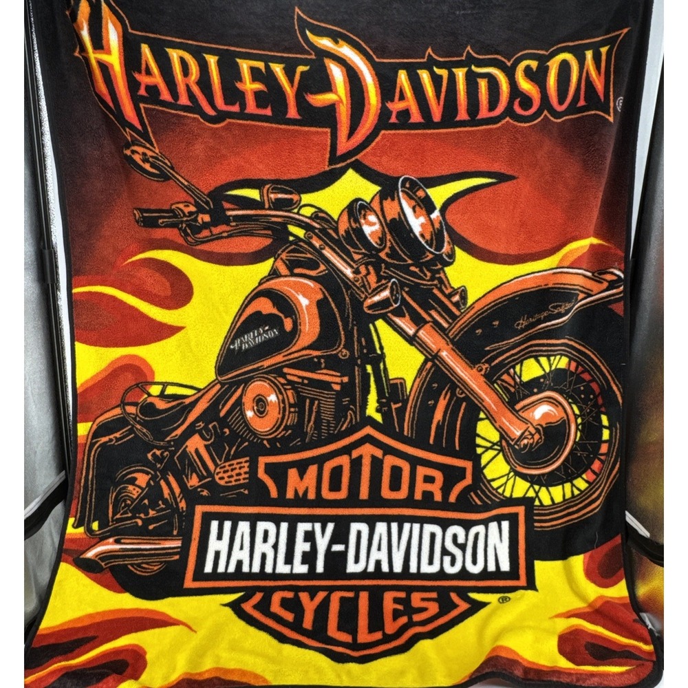 Harley Davidson Blanket Black Orange Throw Fleece Cover Biker Flames HOG 57 X 48